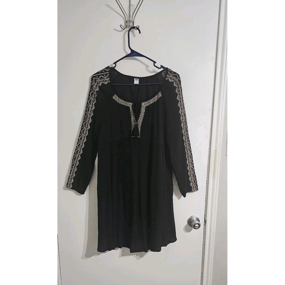 Old Navy Dress Women Small Petite Black  Cottagecore Embroidered Boho Midi Swing